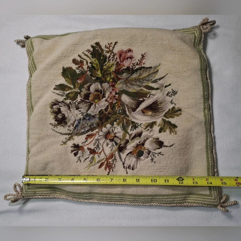 Vintage French Country Hand Stitched Floral Petit Point Wool Cotton Pillow Cover